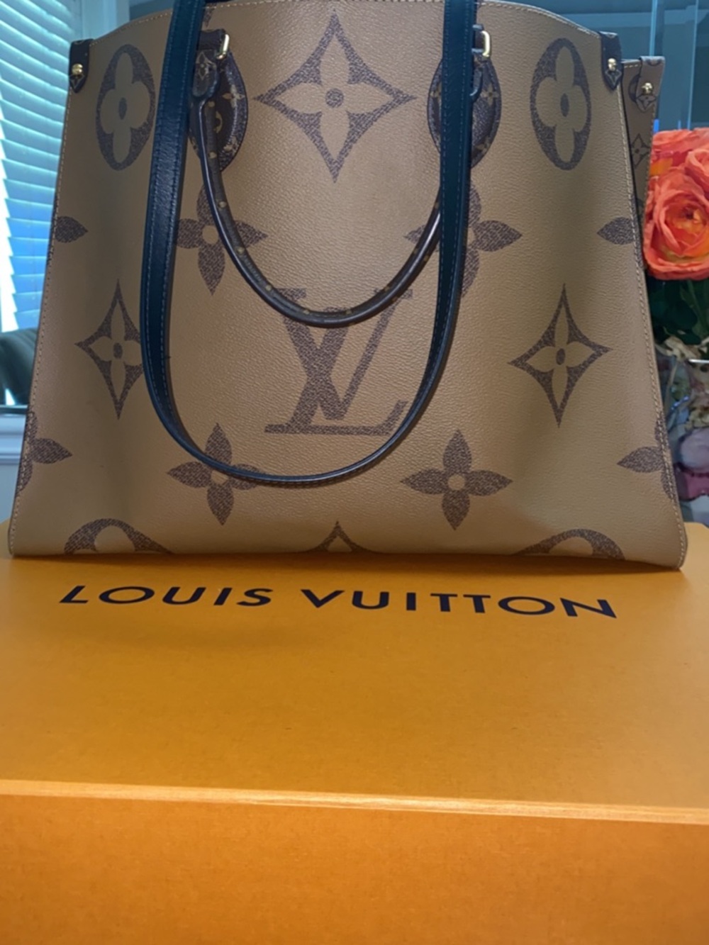 Louis Vuitton Beige Monogram Tote with Dark Brown Handles